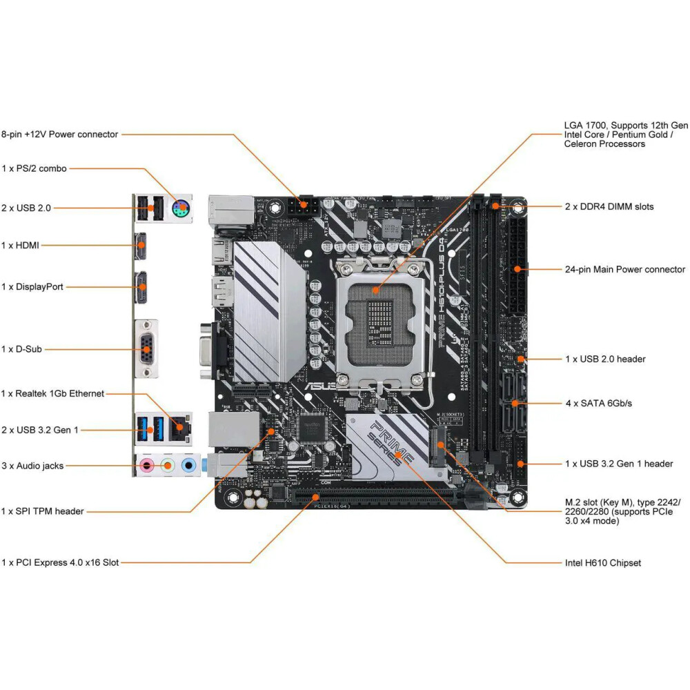 Motherboard ASUS PRIME H610I-PLUS D4-CSM Socket LGA 1700 Mini ITX - Imagen 2