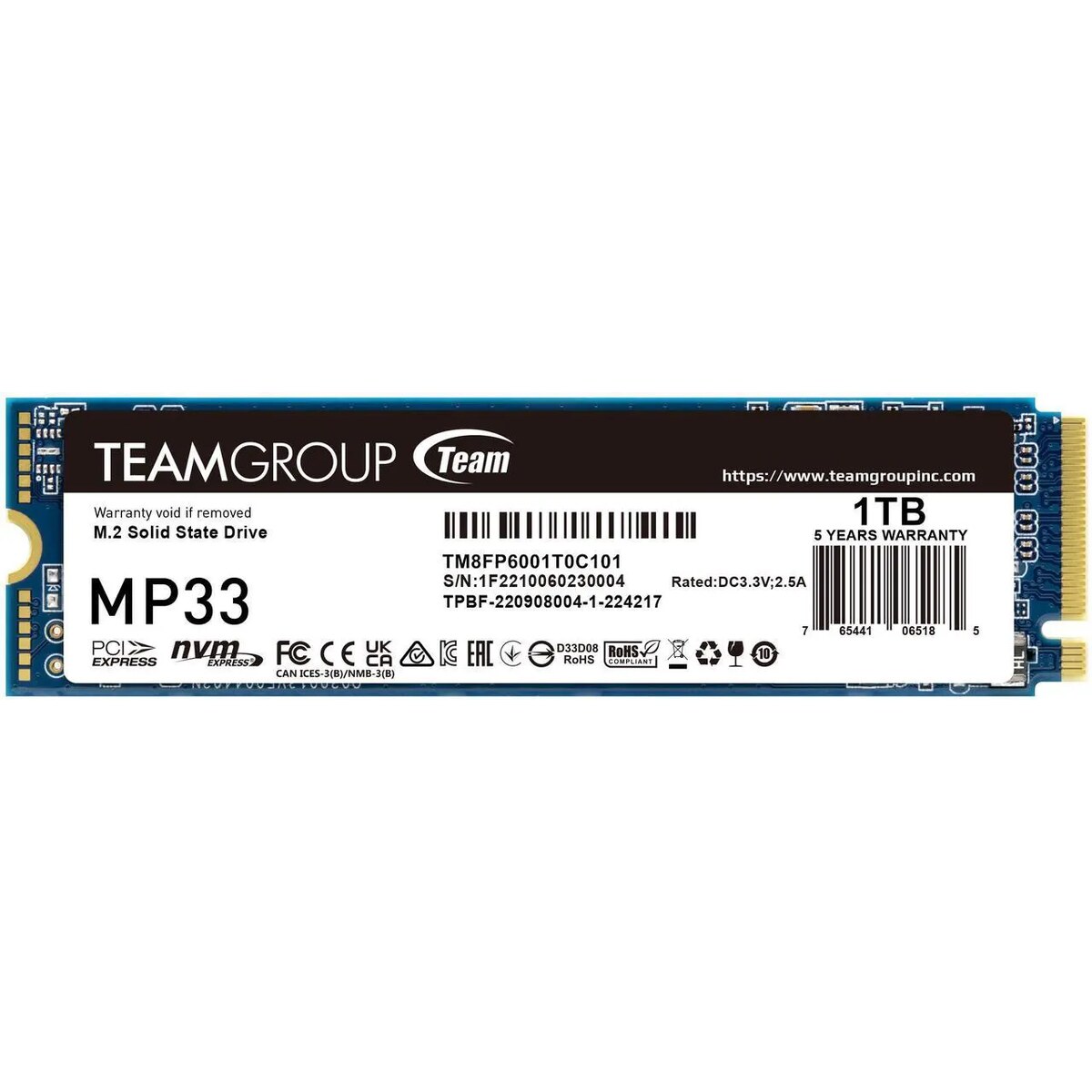 Disco Duro Solido SSD Team Group MP33 1TB PCIe M.2 2280 hasta 1800 MB/s