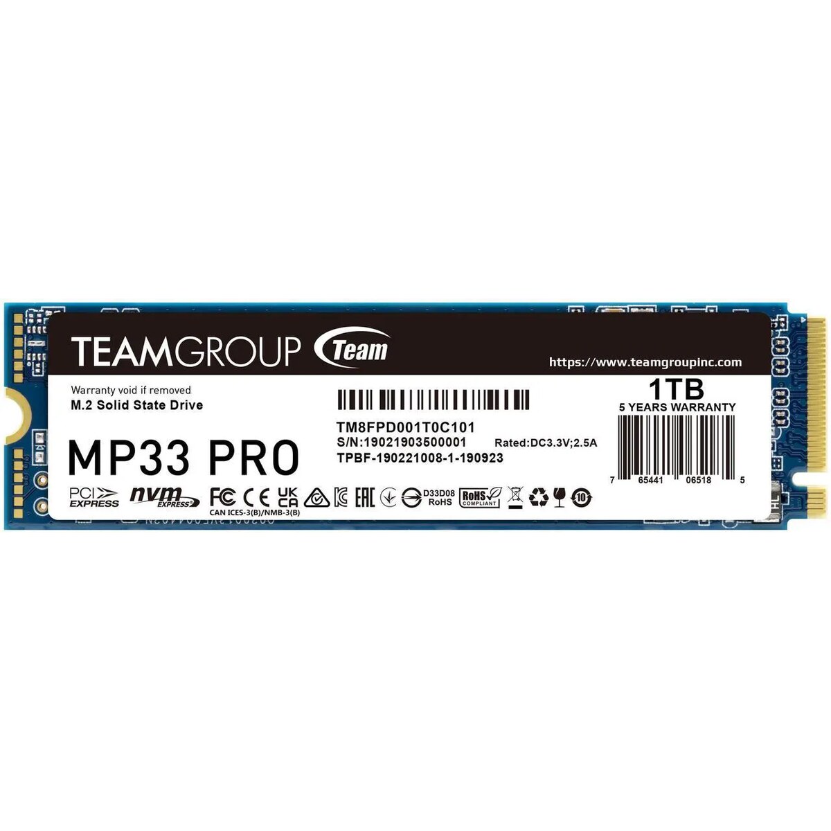 Disco Duro Solido SSD TeamGroup MP33 PRO 1 TB PCIe M.2 2280 hasta 2100 MB/s