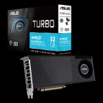Tarjeta de video ASUS Turbo Radeon AI Pro R9700 32GB caja y tarjeta grafica