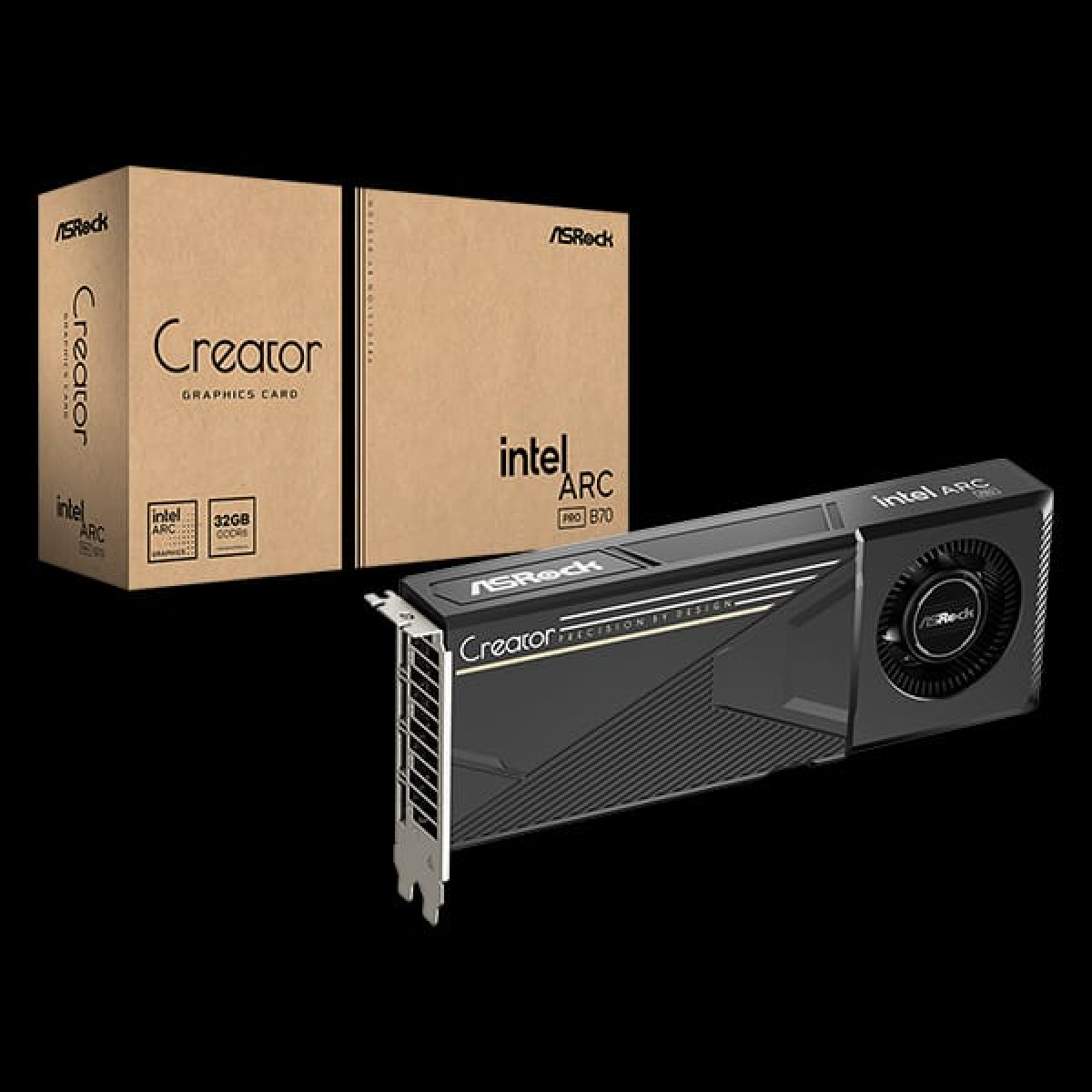 Tarjeta de video ASRock Creator Arc Pro B70 32 GB caja y tarjeta grafica