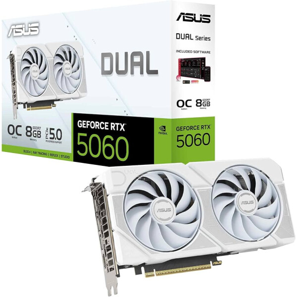 Tarjeta de video ASUS Dual GeForce RTX 5060 8GB OC White caja y tarjeta grafica